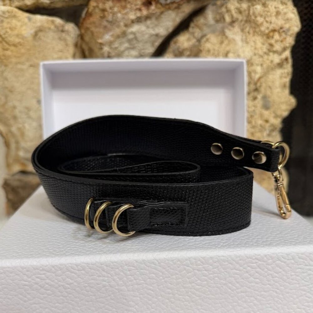 Black Textured Leather Crossbody Phone Lanyard With Gold Tone Hardware